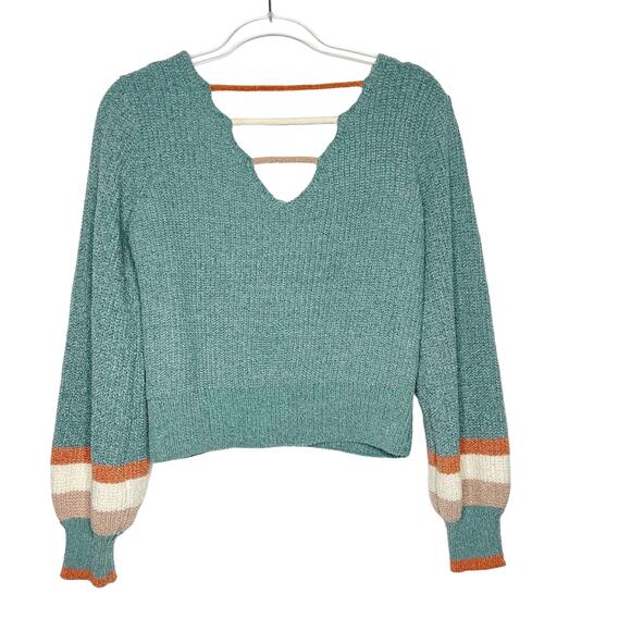 MY MICHELLE Puff Sleeve Knit Pullover Cropped Sweater Strappy Back Green Size M - Picture 3 of 7